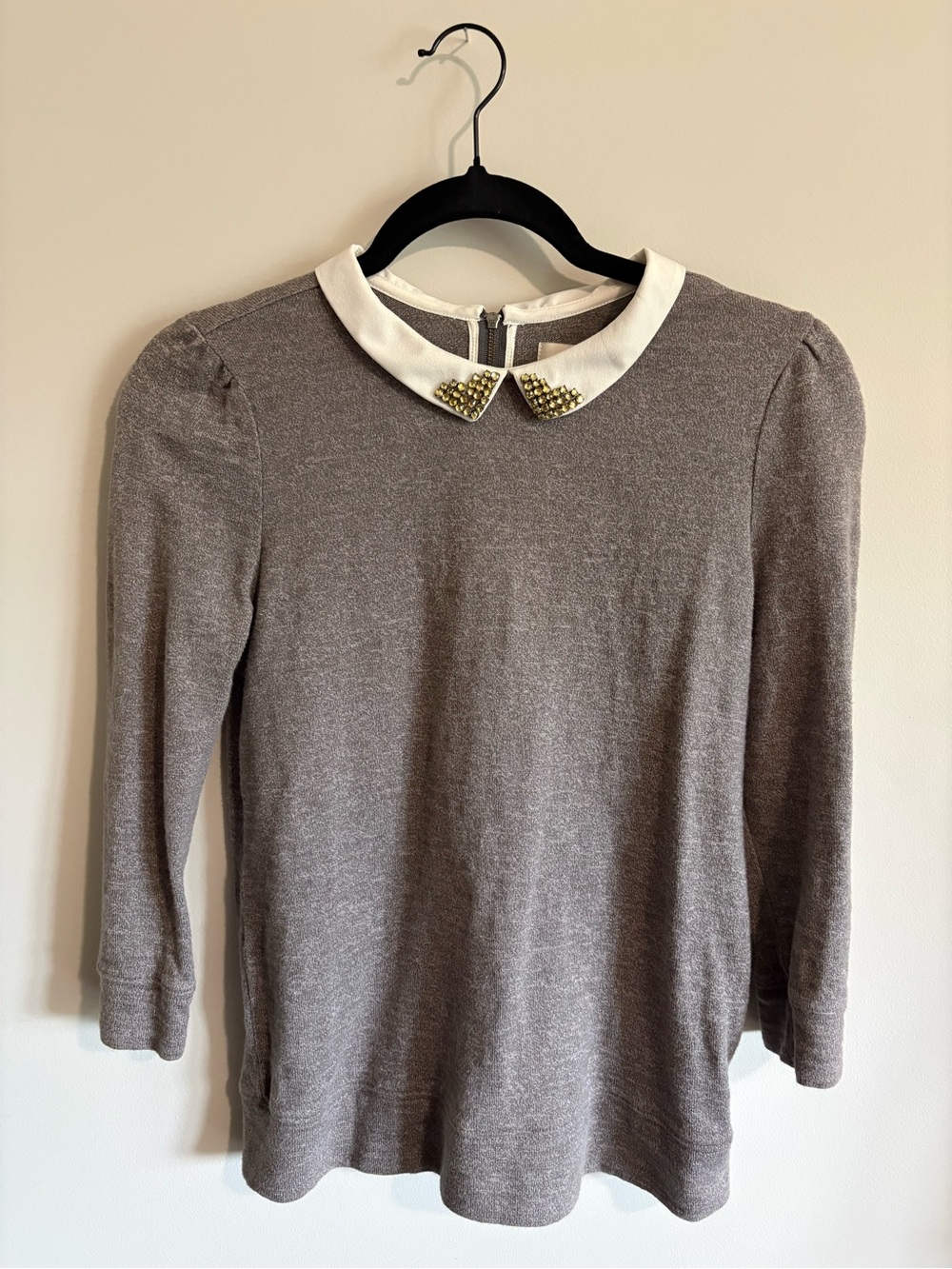 LOFT Gray Sweater with White Jeweled Peter Pan Collar
